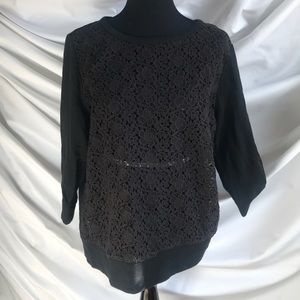 LOFT Black Lace Front Cotton Terry Sweatshirt